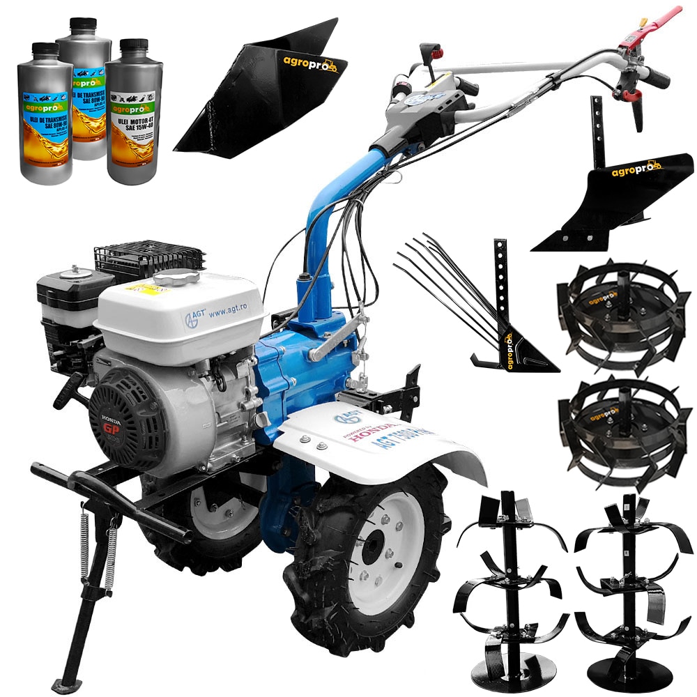 Pachet motocultor Premium AGT 7500, motor Honda GP200 6.5CP, latime lucru 80cm, freze, roti cauciuc, rarita fixa, roti metal, plug arat, plug cartofi, 3L ulei AgroPro