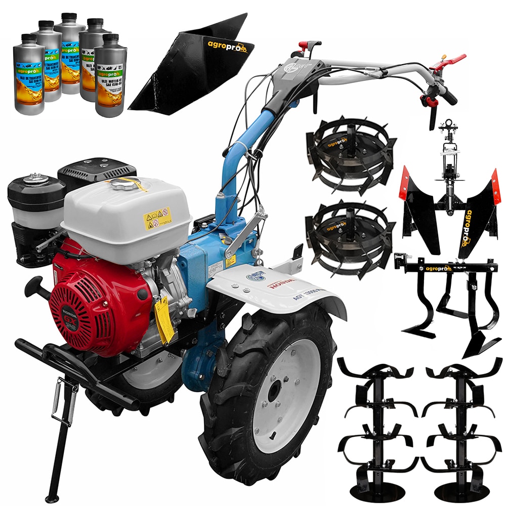Pachet motocultor profesional AGT 13000, motor Honda GX340 11CP, latime lucru 120cm, freze, roti cauciuc, rarita fixa, roti metal, cultivator, plug reversibil, 5L ulei AgroPro