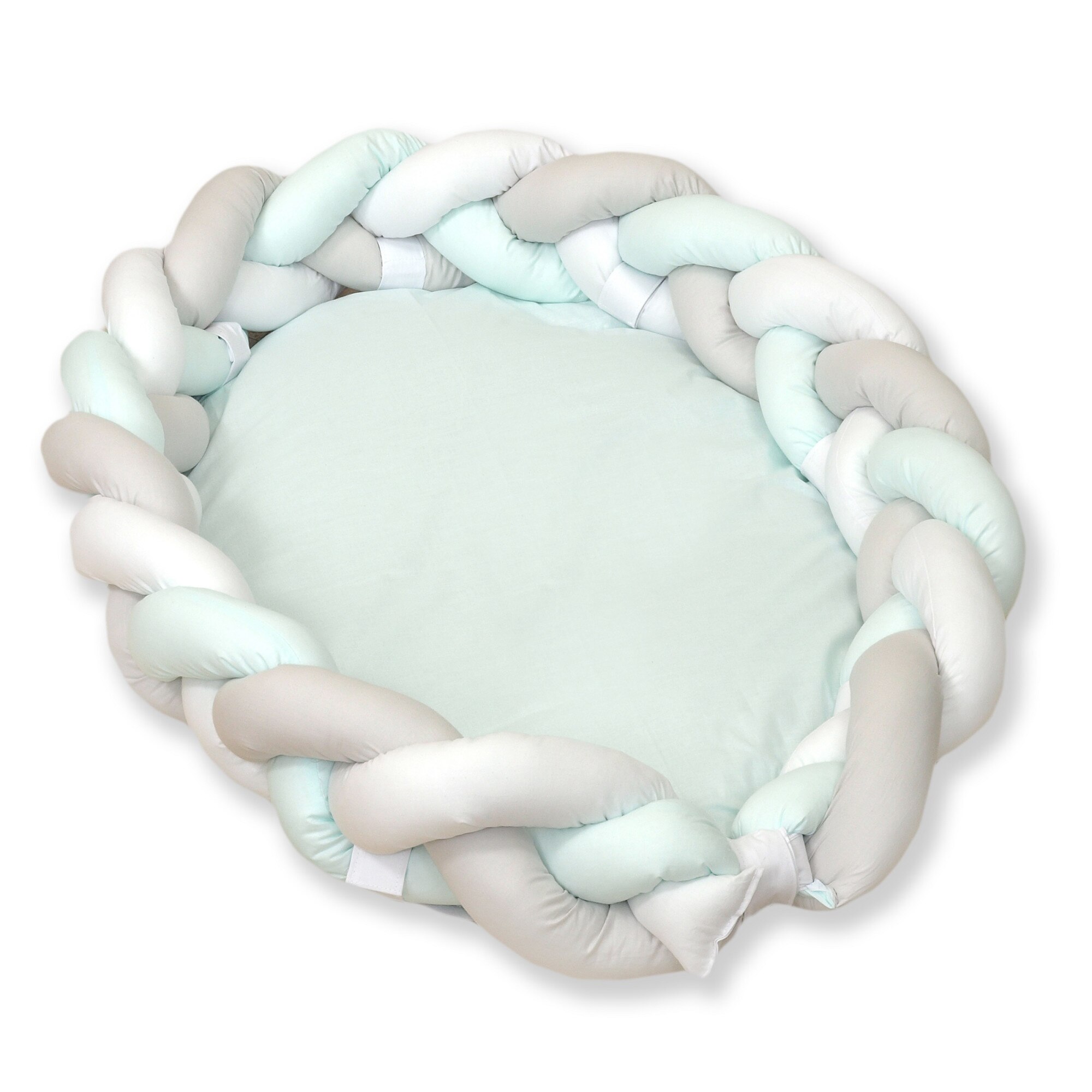 Baby Nest 2 in 1 cu Protectie impletita, detasabila, Bumbac alb, gri, mint, 80 X 50 cm