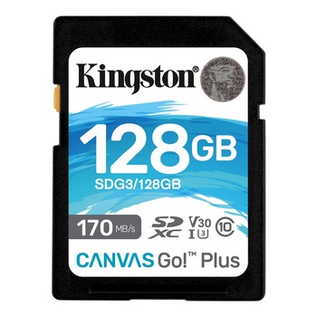 Card de memorie SD Kingston Canvas GO Plus, 128GB, Clasa 10, UHS-I, Adaptor inclus Card de memorie SD Kingston Canvas GO Plus, 128GB, Clasa 10, UHS-I, Adaptor inclus