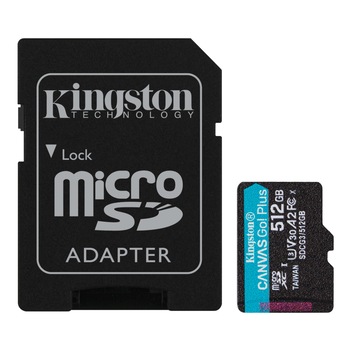 Card de memorie MicroSD Kingston Canvas GO Plus, 512GB, Clasa 10, UHS-I, Adaptor inclus Card de memorie MicroSD Kingston Canvas GO Plus, 512GB, Clasa 10, UHS-I, Adaptor inclus