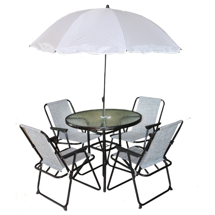 Controversy Universal Round Set mobilier terasa,gradina din masa rotunda D80cm,umbrela D150cm si 4  scaune pliante umbrela culoare alba - eMAG.ro