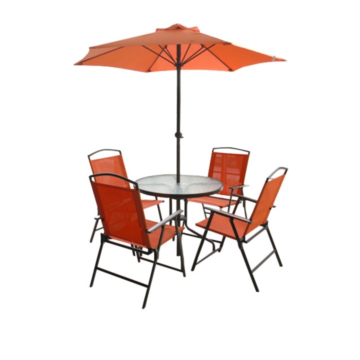 Set mobilier terasa,gradina masa rotunda D80cm,umbrela D180cm si 4 scaune pliante umbrela culoare oranj