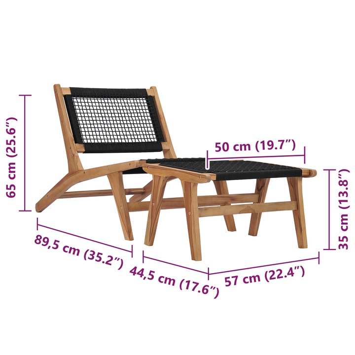 vidaXL tömör tíkfa és kötél napozóágy lábtartóval 49368