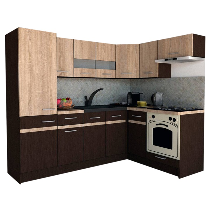 Set Bucatarie de Colt GENA NEW 3 DR. 160-230, Genarom, Cu Corp de Cuptor, Wenge / Stejar Sonoma