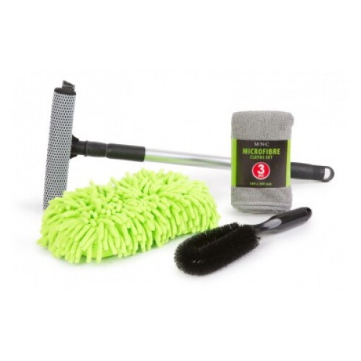 Set curatare masina, MNC, 6 accesorii, Microfibra, Verde/Gri