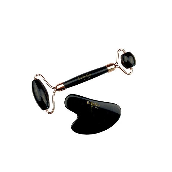 Rola Black obsidian by Erfello cu Gua Sha, pentru masaj facial si corporal , Tratament facial tip Jade Roller