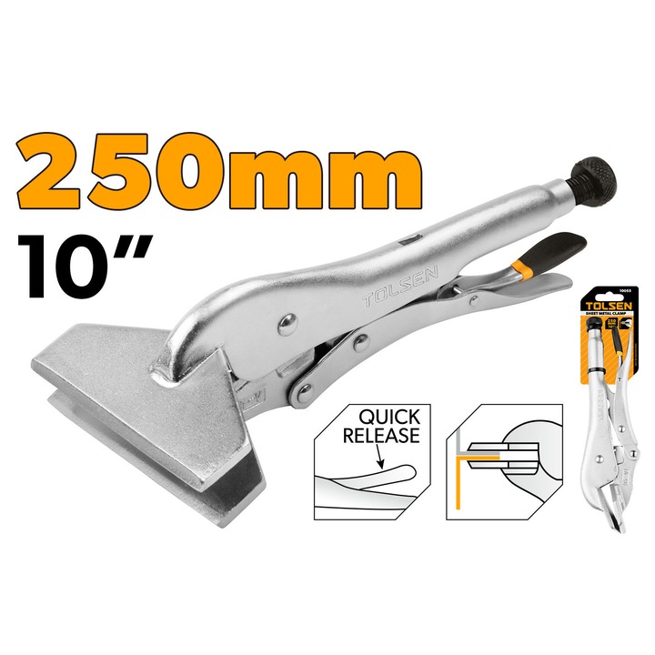 Clema tabla TOLSEN 250 mm (10"), latime brate 100 mm, adancime prindere 50 mm, deschidere maxima 15 mm, otel carbon forjat, finisaj nichel, rezistenta si durabila