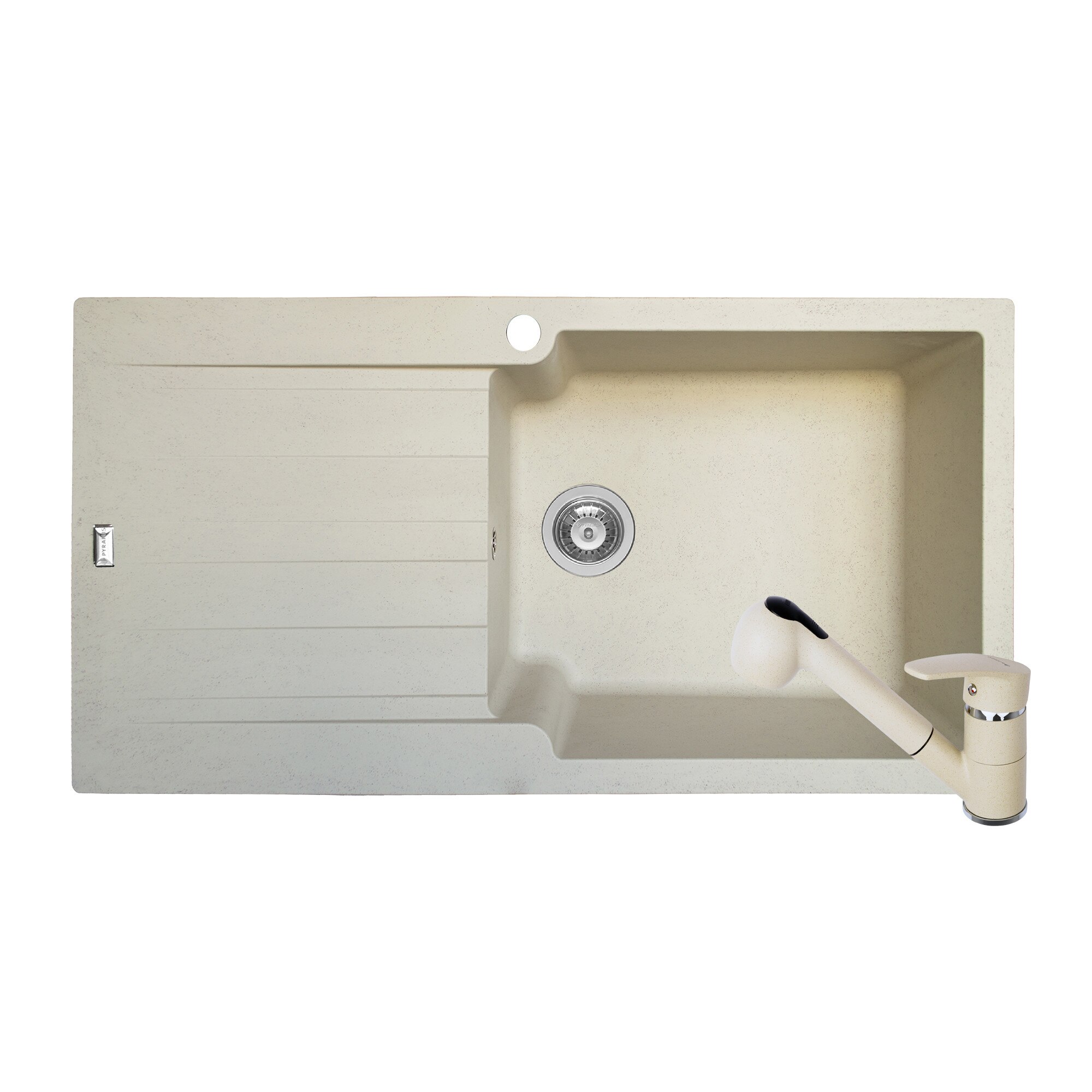 Pachet 2in1 chiuveta Pyramis SIERRA DUROTHEK si baterie cu dus dimensiune 1000x500mm adancime 210mm cuva dreapta soft compozit bej