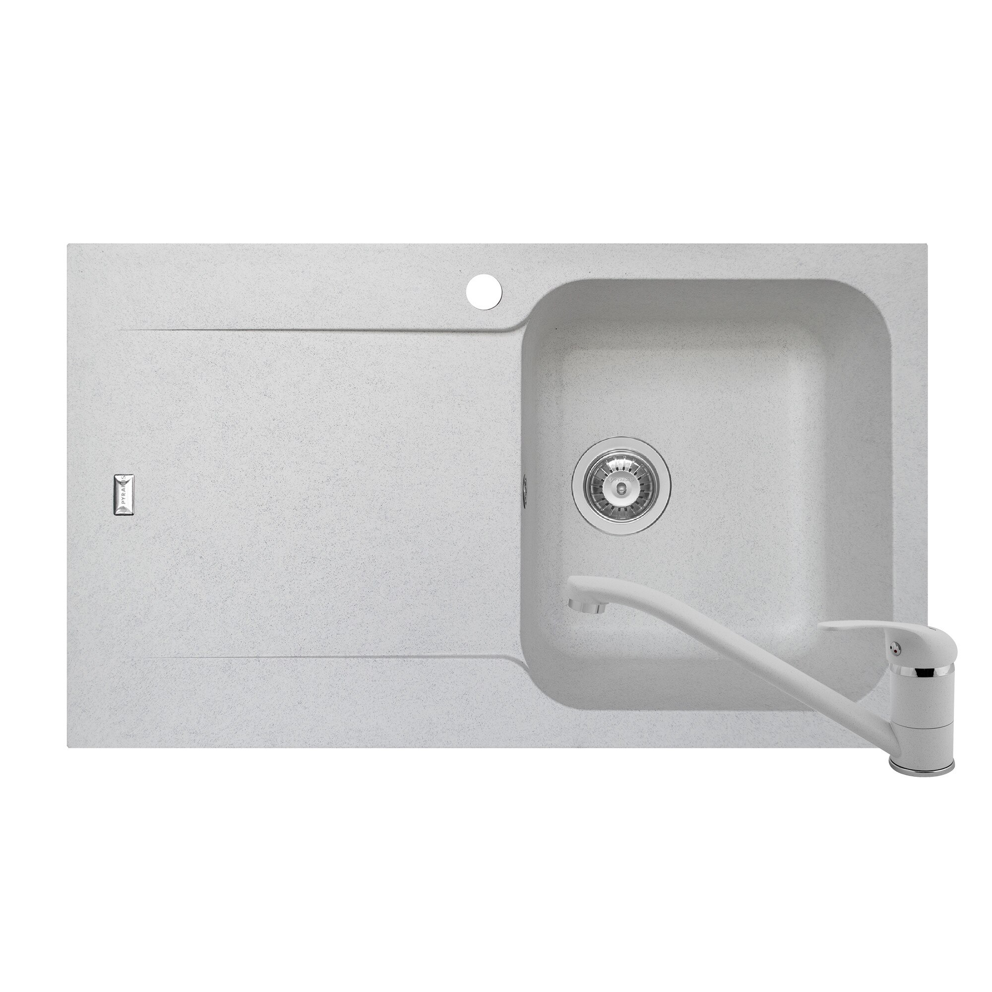 Pachet 2in1 chiuveta Pyramis Level DUROTHEK si baterie dimensiune 860x500mm adancime 210mm cuva dreapta soft compozit alb