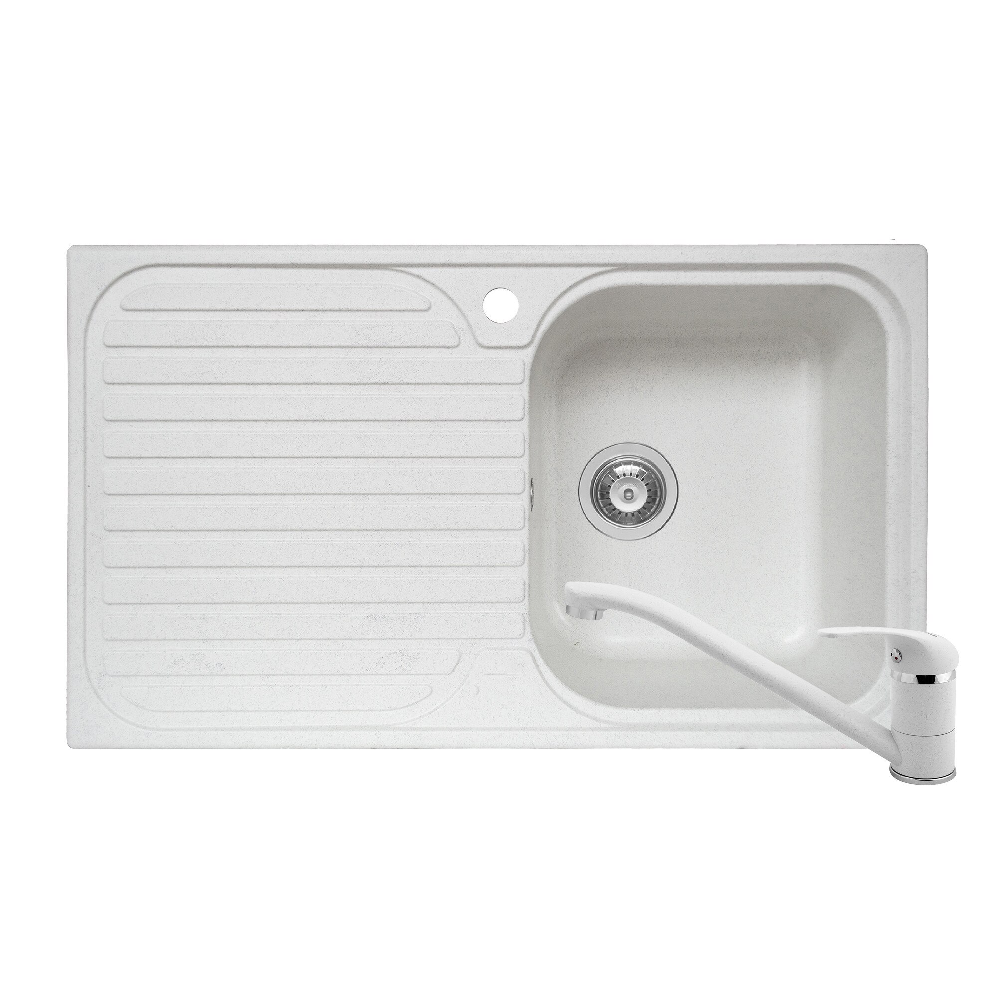 Pachet 2in1 chiuveta Pyramis Stripe DUROTHEK si baterie dimensiune 860x500mm adancime 200mm cuva dreapta soft compozit alb