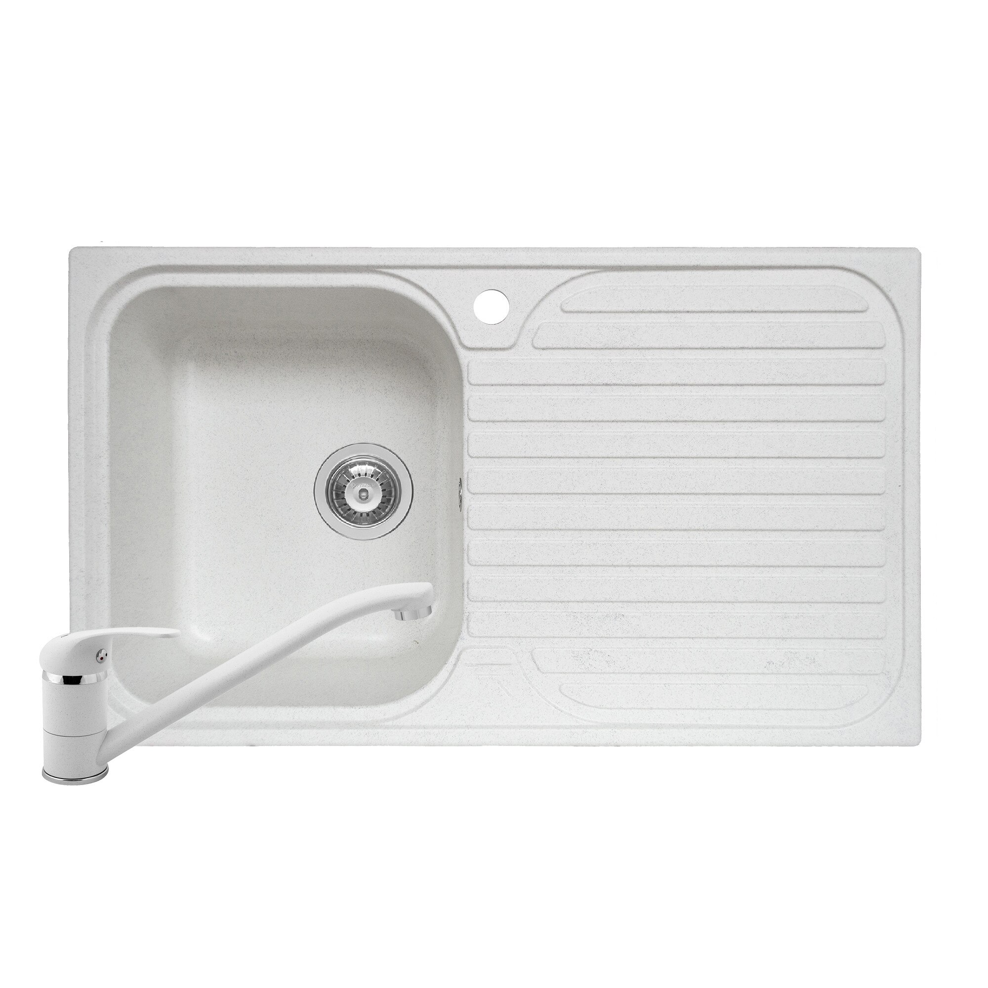 Pachet 2in1 chiuveta Pyramis Stripe DUROTHEK si baterie dimensiune 860x500mm adancime 200mm cuva stanga soft compozit alb