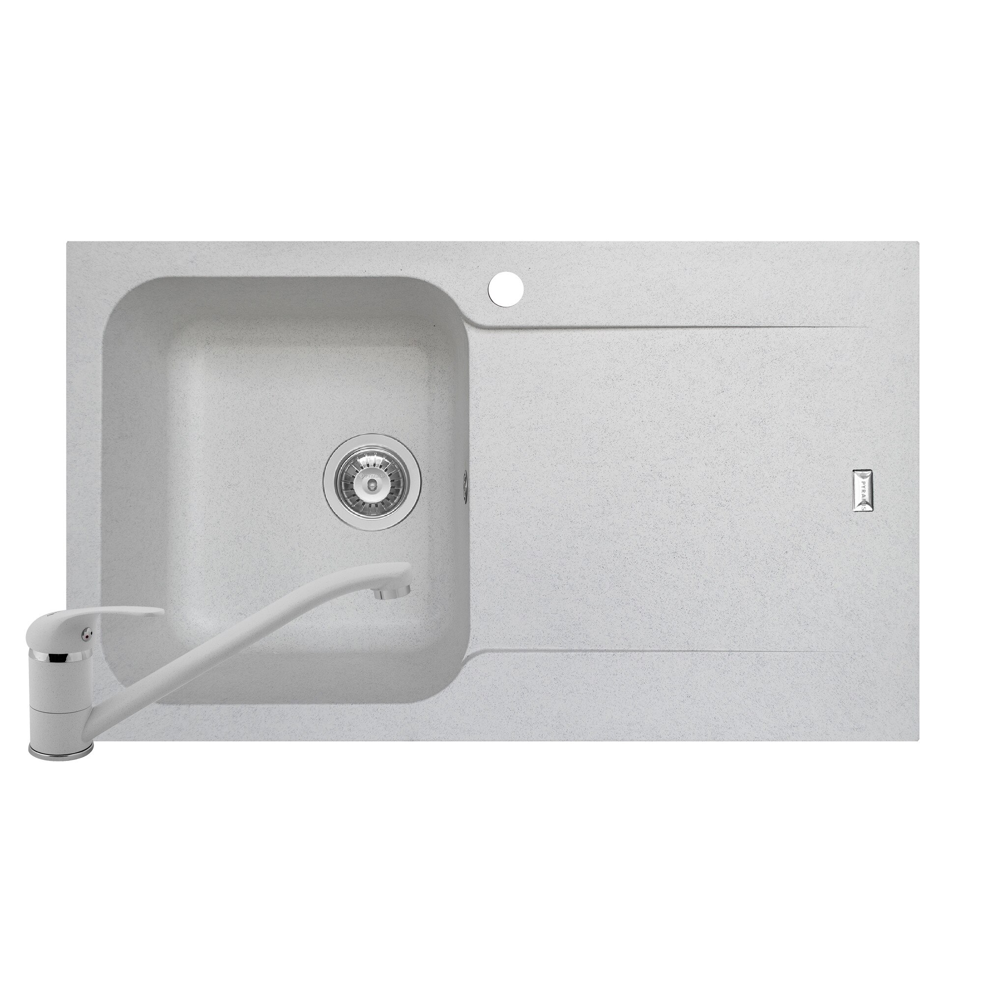 Pachet 2in1 chiuveta Pyramis Level DUROTHEK si baterie dimensiune 860x500mm adancime 210mm cuva stanga soft compozit alb