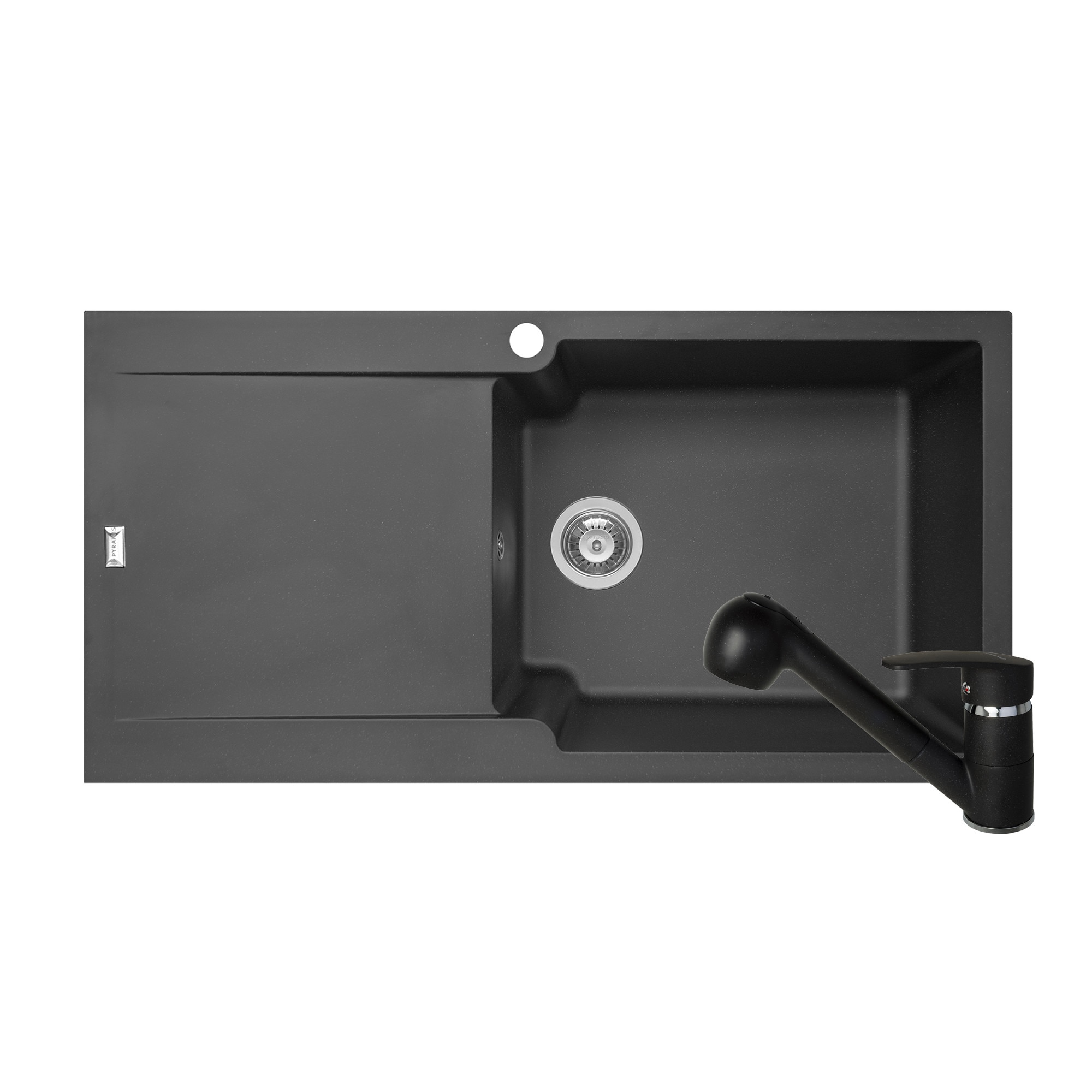 Pachet 2in1 chiuveta Pyramis Level ARTITHEK si baterie cu dus dimensiune 1000x500mm adancime 210mm cuva dreapta soft compozit negru