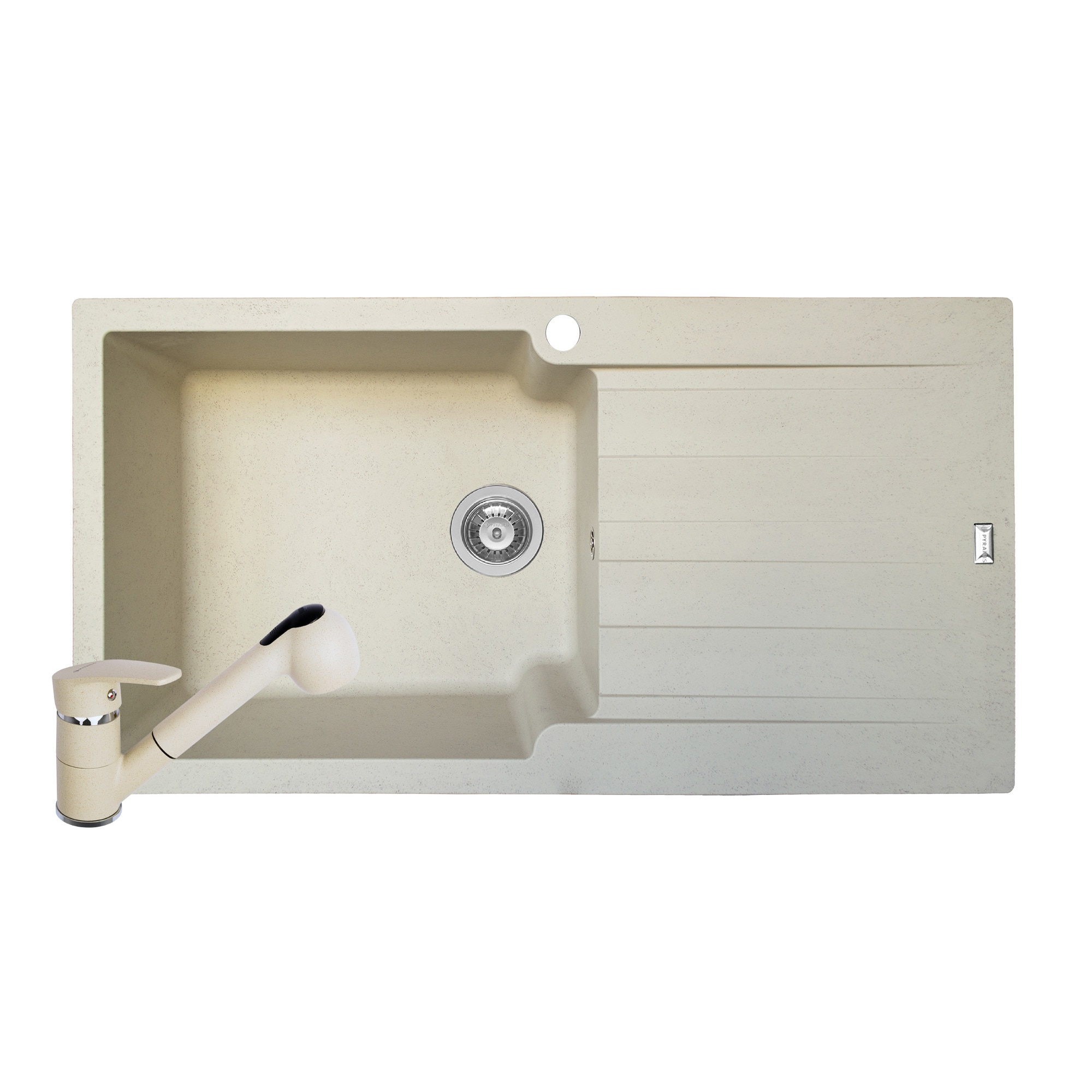 Pachet 2in1 chiuveta Pyramis SIERRA DUROTHEK si baterie cu dus dimensiune 1000x500mm adancime 210mm cuva stanga soft compozit bej