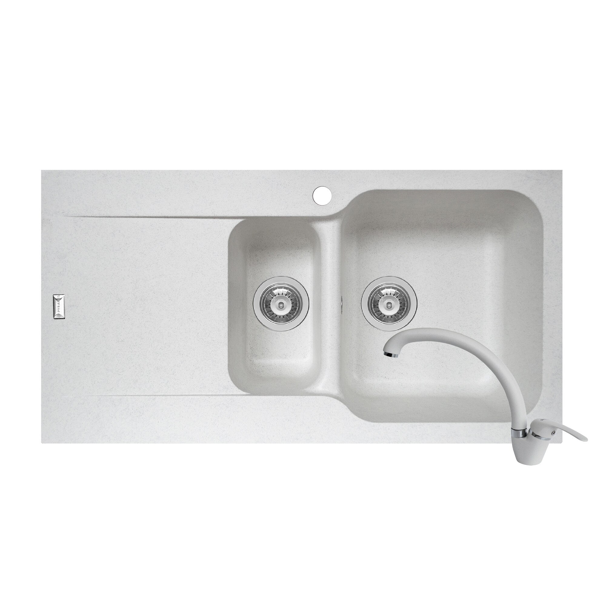 Pachet 2in1 chiuveta Pyramis Level DUROTHEK si baterie lebada dimensiune 960x500mm adancime 210mm cuve dreapta soft compozit alb