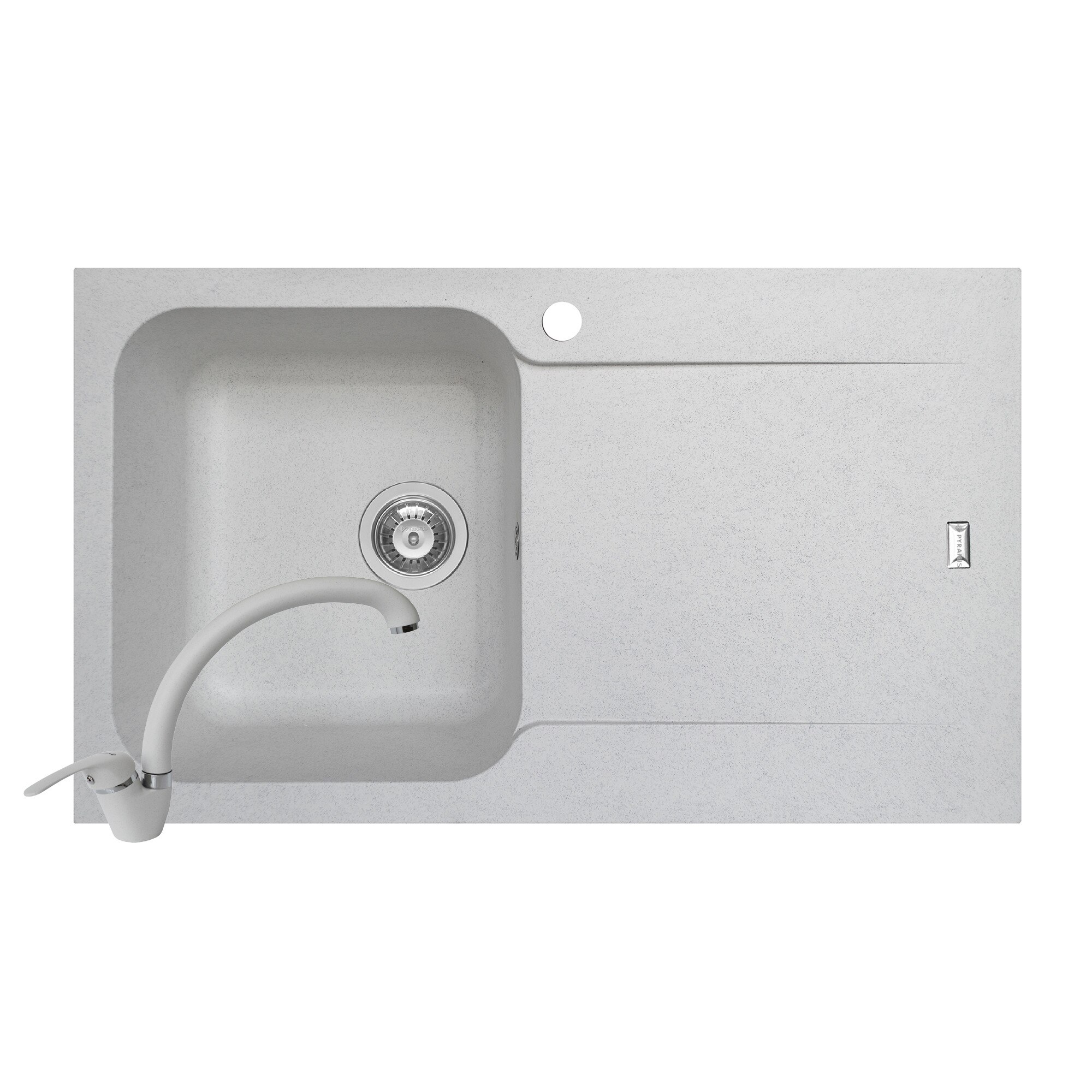 Pachet 2in1 chiuveta Pyramis Level DUROTHEK si baterie lebada dimensiune 860x500mm adancime 210mm cuva stanga soft compozit alb