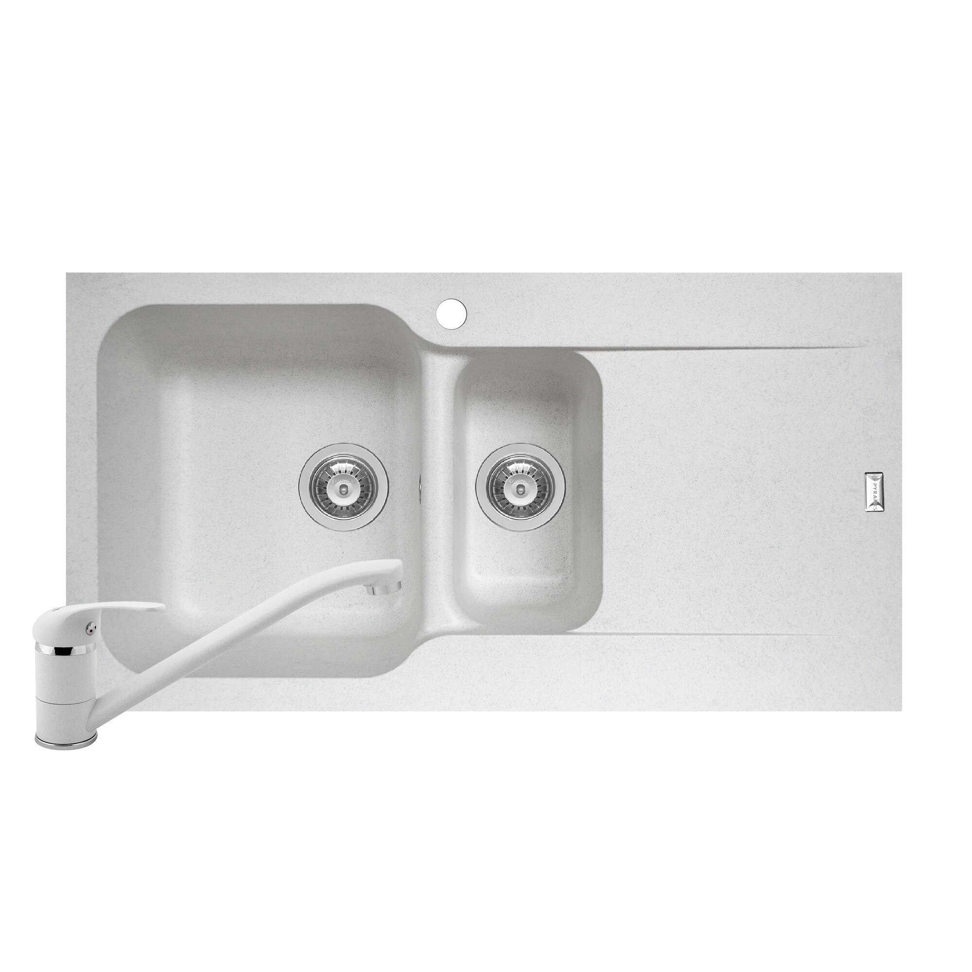 Pachet 2in1 chiuveta Pyramis Level DUROTHEK si baterie dimensiune 960x500mm adancime 210mm cuve stanga soft compozit alb