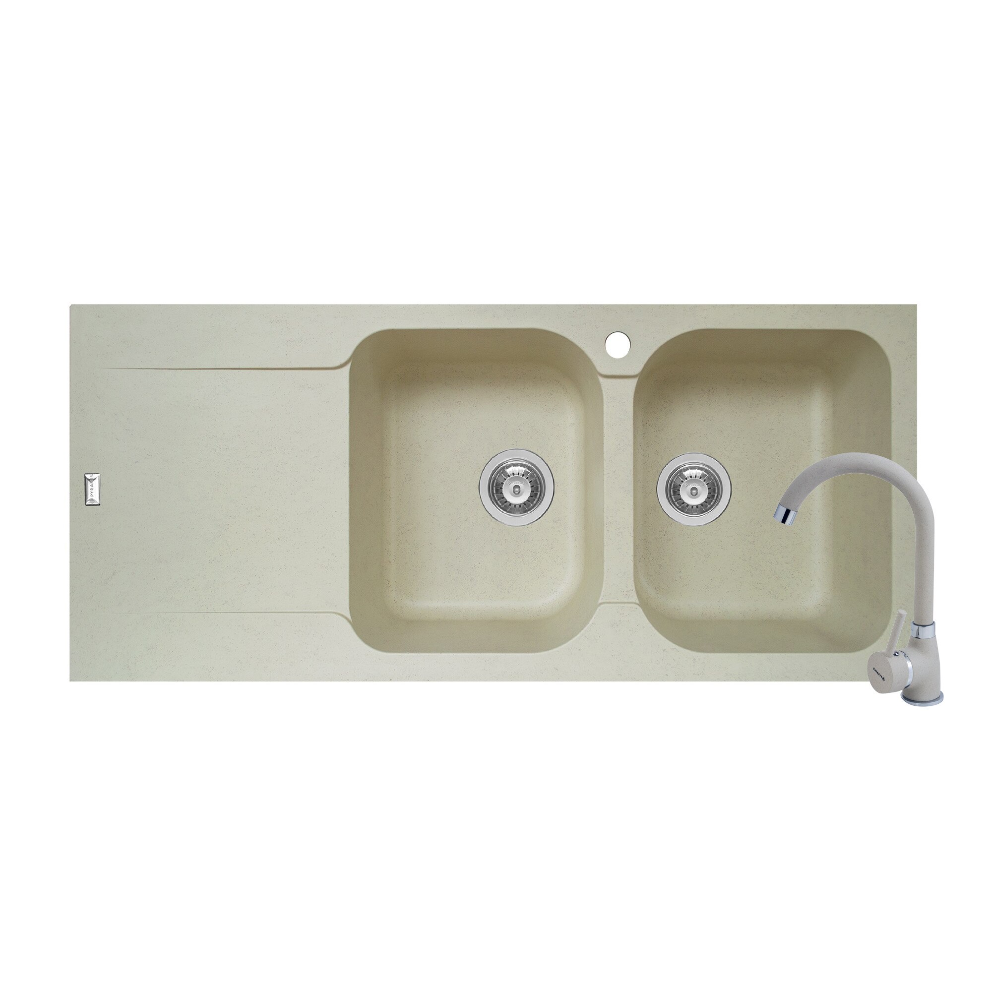 Pachet 2in1 chiuveta Pyramis Level DUROTHEK si baterie inalta dimensiune 1160x500mm adancime 200mm cuve dreapta soft compozit bej