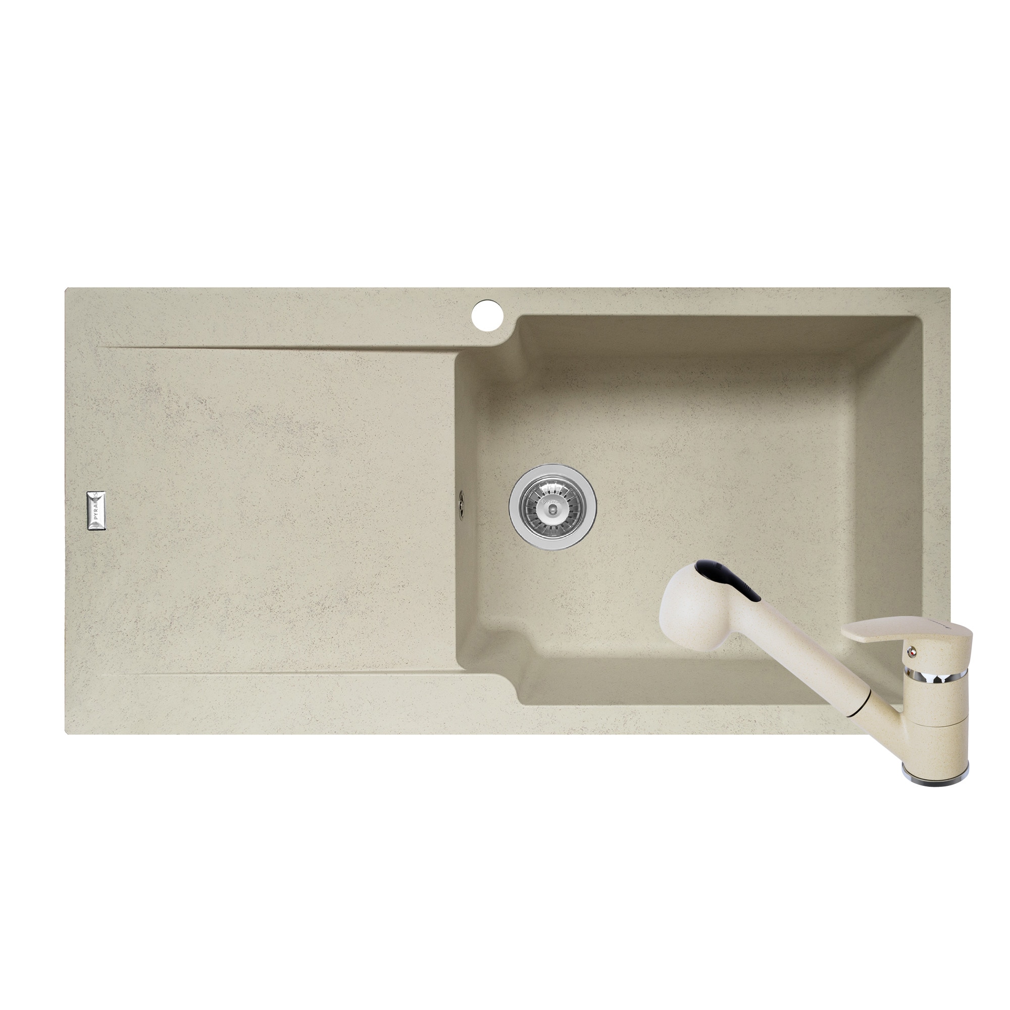 Pachet 2in1 chiuveta Pyramis Level DUROTHEK si baterie cu dus dimensiune 1000x500mm adancime 210mm cuva dreapta soft compozit bej