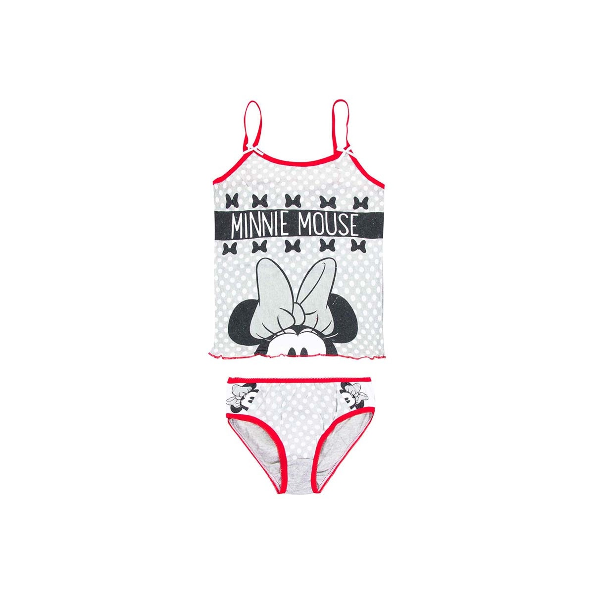 Set maiou+chiloti, Minnie Mouse, cu sclipici si buline albe, gri