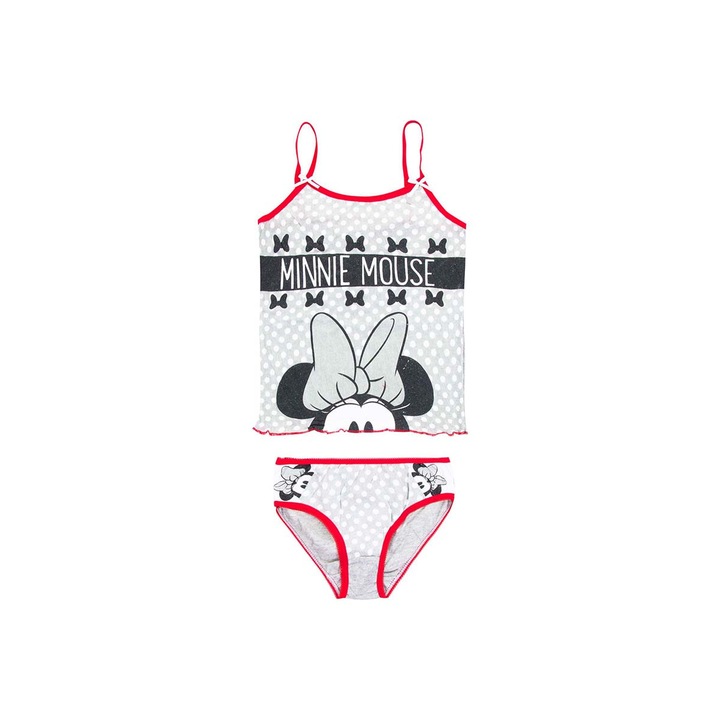 Szett trikó+bugyi, Minnie Mouse, csillámos és fehér pöttyös, szürke, 6-8 év
