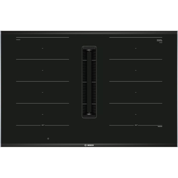 Индукционен котлон Bosch Seriа 8 PXX875D67E, Индукция, 4 зони за готвене, PerfectCook, PerfectAir, FlexInduction, Direct select, Home Connect, Вграден аспиратор, Мощност на абсорбиране 622 mc/h, 80 см, Черен