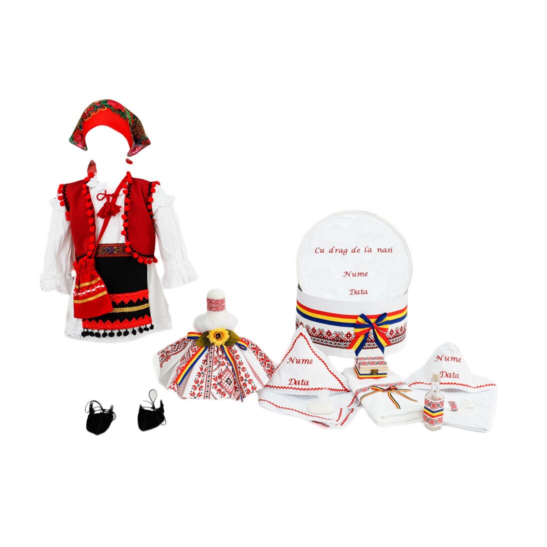 Set botez personalizat Cosanzeana, trei piese rosii traditionale, varsta 3-6 luni