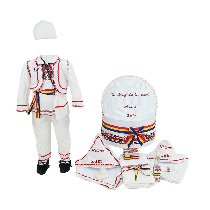 Set botez personalizat Gheorghe, doua piese rosii traditionale, varsta 0-3 luni