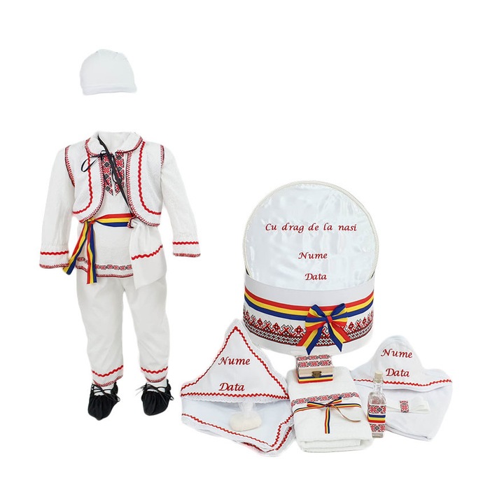 Set botez personalizat Gheorghe, doua piese rosii traditionale, varsta 0-3 luni