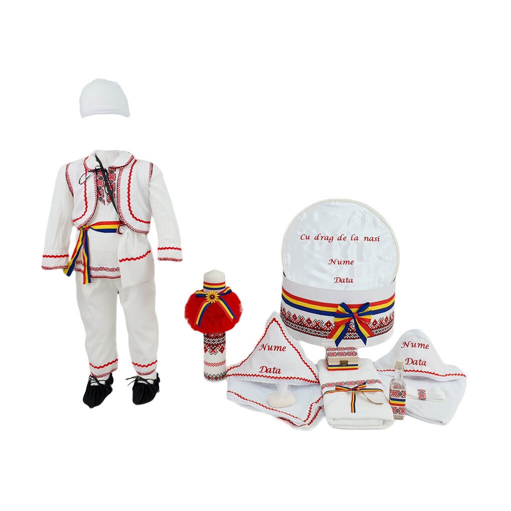 Set botez personalizat Gheorghe, trei piese rosii traditionale, varsta 6-9 luni