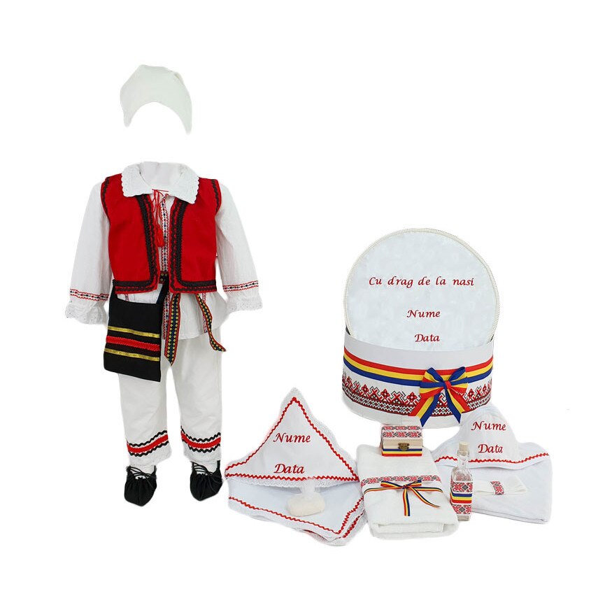 Set botez personalizat Ion, doua piese rosii traditionale, varsta 3-6 luni