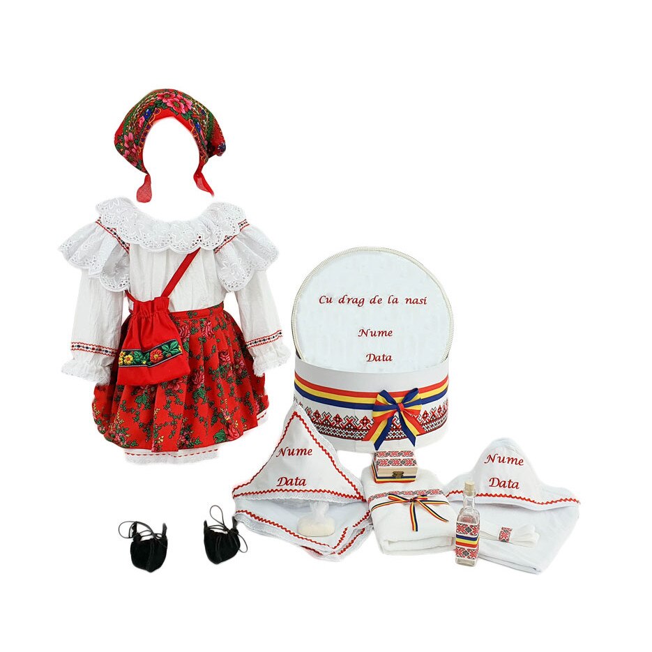 Set botez personalizat Mariuca, doua piese rosii traditionale, varsta 6-9 luni