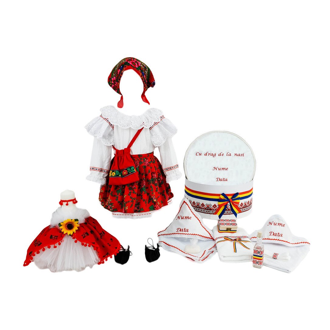 Set botez personalizat Mariuca, trei piese rosii traditionale, varsta 0-3 luni