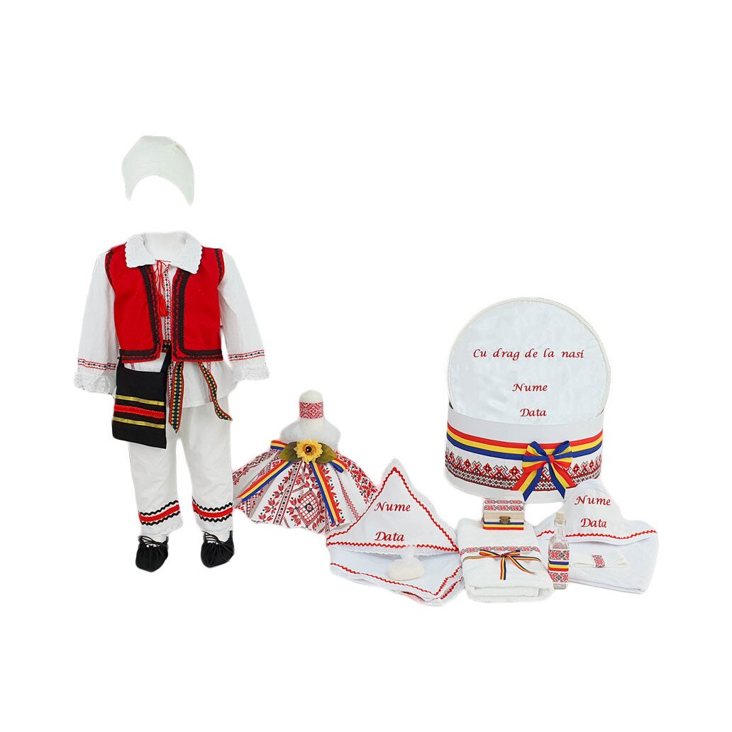Set botez personalizat model Ion, trei piese rosii traditionale, varsta 0-3 luni