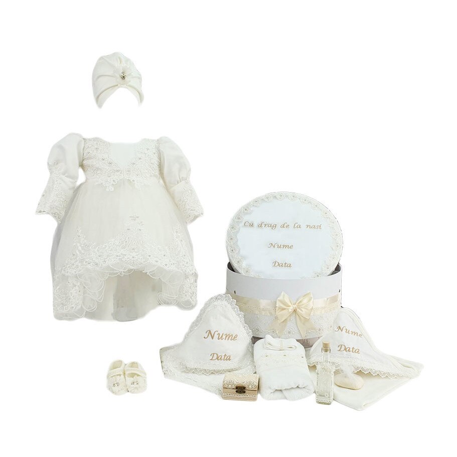 Set botez personalizat Printesa Fericita, doua piese ivoire, varsta 3-6 luni
