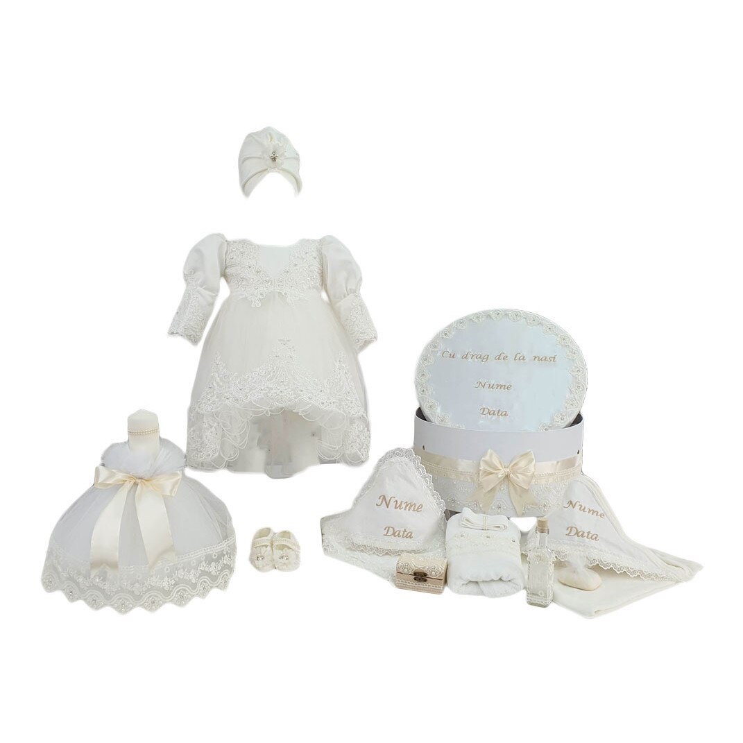 Set botez personalizat Printesa Fericita, trei piese ivoire, varsta 3-6 luni