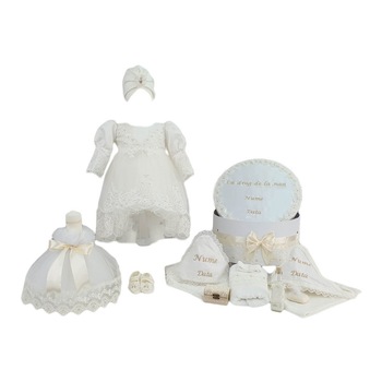 Set botez personalizat Printesa Fericita, trei piese ivoire, varsta 0-3 luni Set botez personalizat Printesa Fericita, trei piese ivoire, varsta 0-3 luni