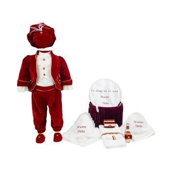 Set botez personalizat Printul Fericit, doua piese grena, varsta 0-3 luni Set botez personalizat Printul Fericit, doua piese grena, varsta 0-3 luni
