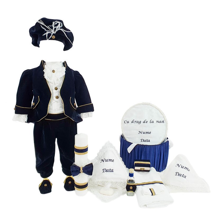 Set botez personalizat Printul Fericit, trei piese bleumarin, varsta 0-3 luni