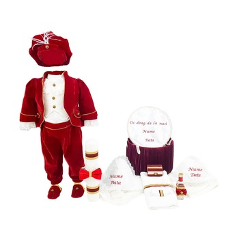 Set botez personalizat Printul Fericit, trei piese grena, varsta 6-9 luni Set botez personalizat Printul Fericit, trei piese grena, varsta 6-9 luni