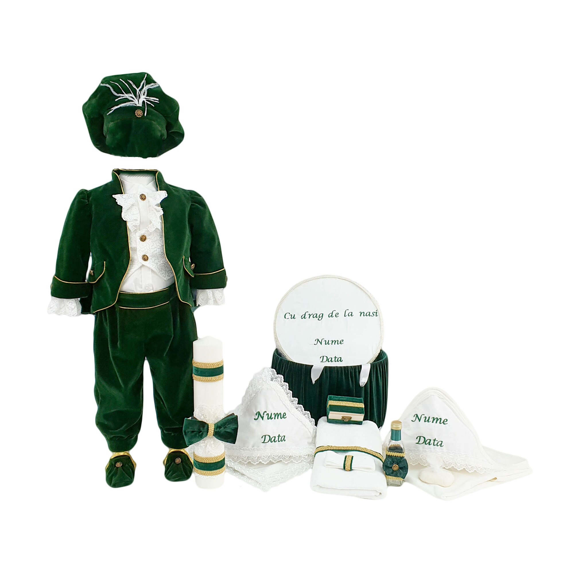 Set botez personalizat Printul Fericit, trei piese verzi, varsta 3-6 luni