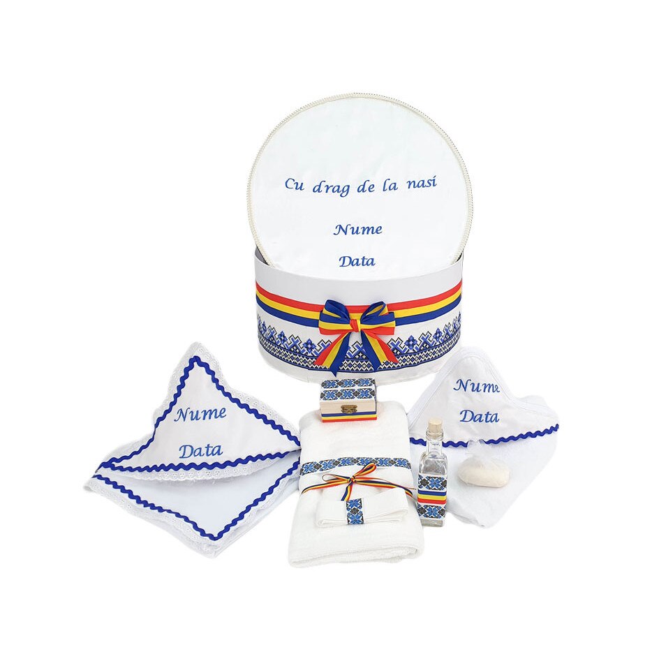 Set botez personalizat traditional, doua piese bleumarin
