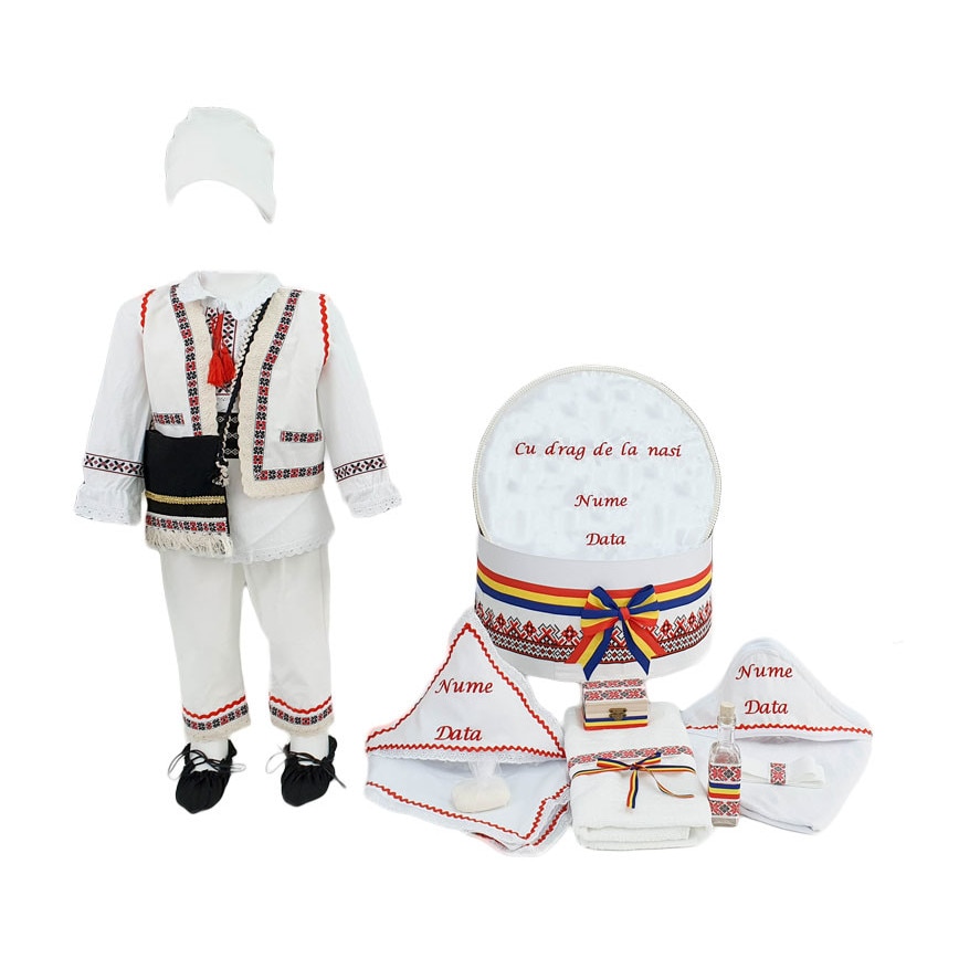 Set botez personalizat Vasile, doua piese rosii traditionale, varsta 0-3 luni