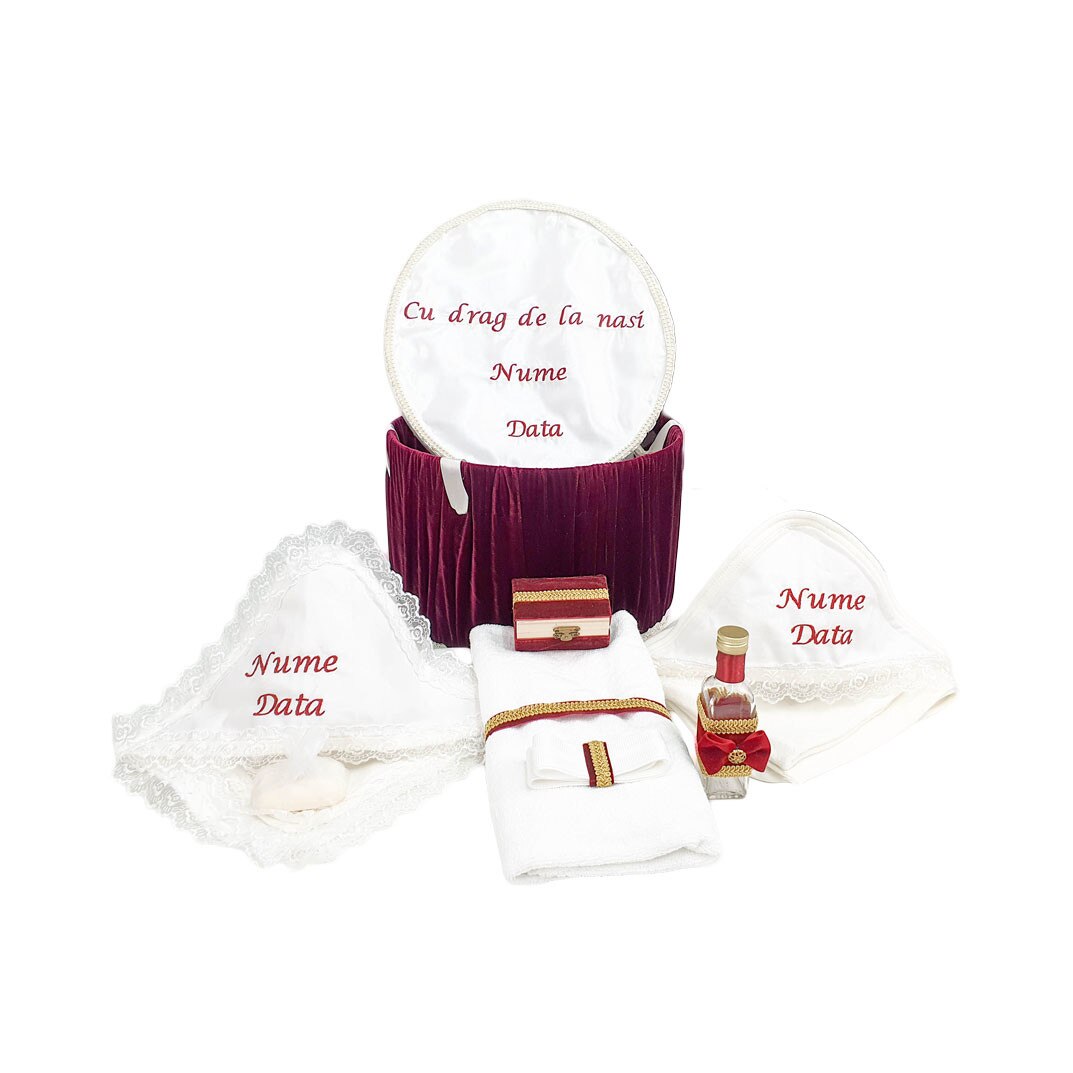 Set botez personalizat, catifea grena, doua piese