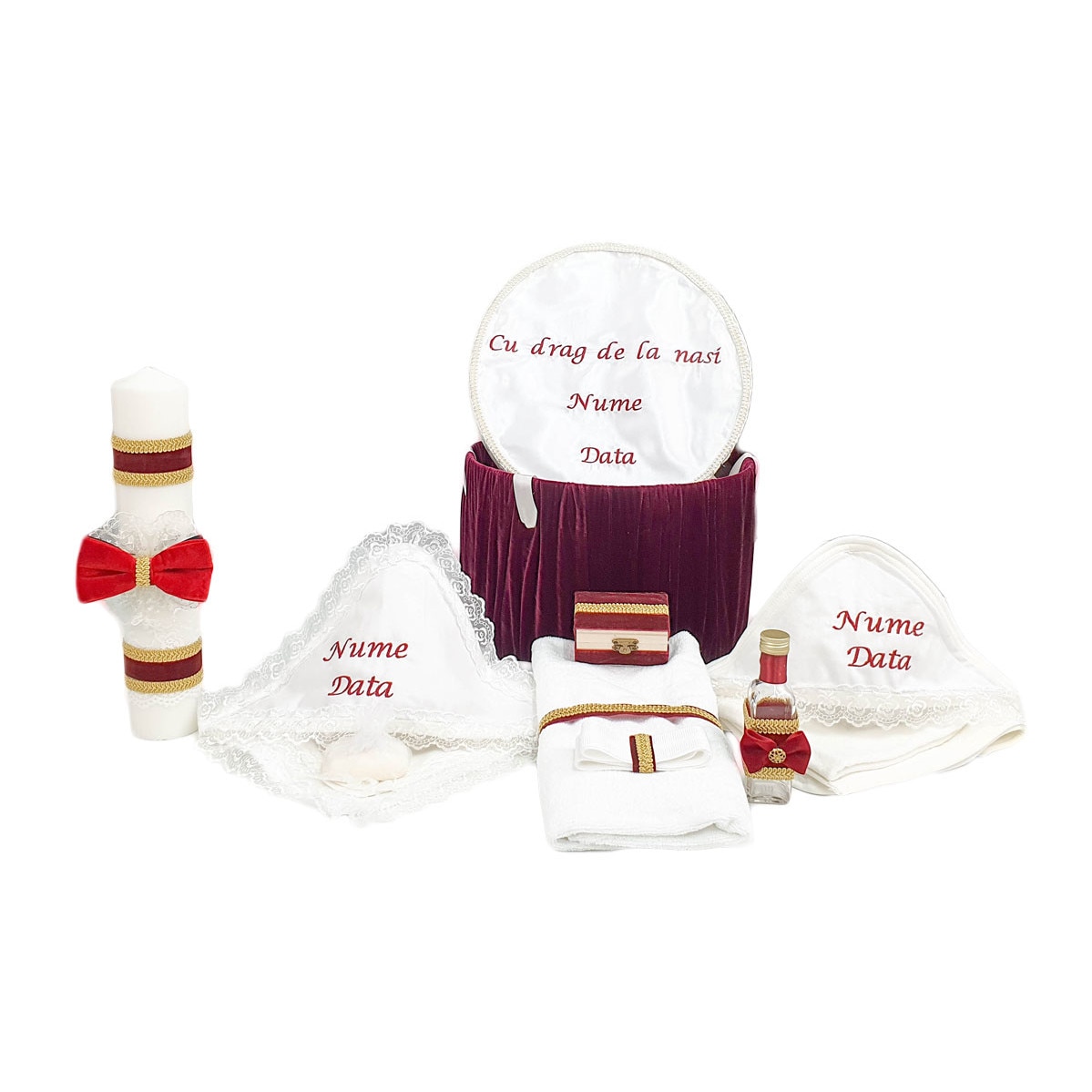 Set botez personalizat, catifea grena, trei piese