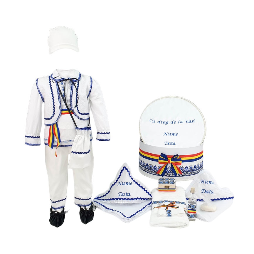 Set botez traditional doua piese bleumarin, personalizat, Gheorghe, varsta 0-3 luni