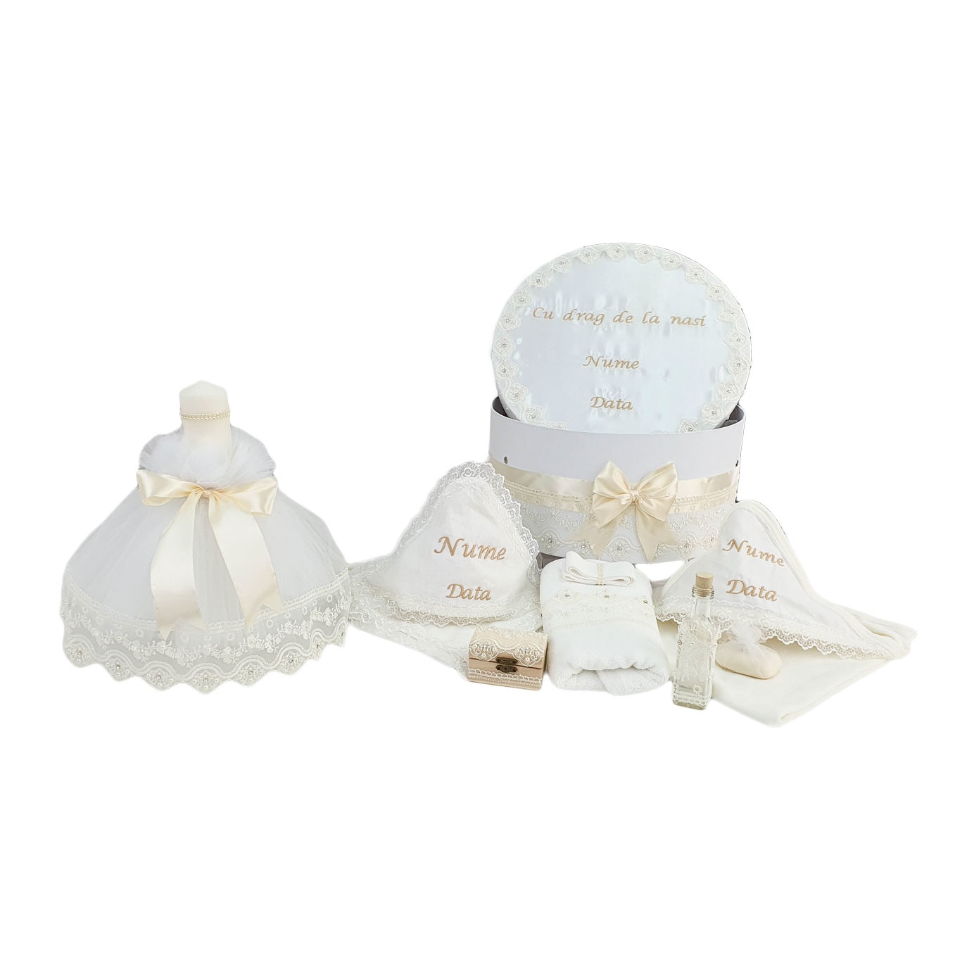 Set botez personalizat, doua piese albe