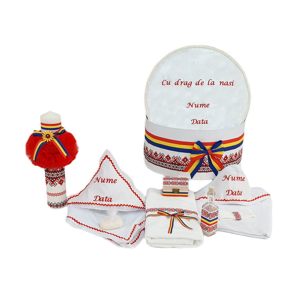 Set botez personalizat, trei piese traditionale de culoare rosie