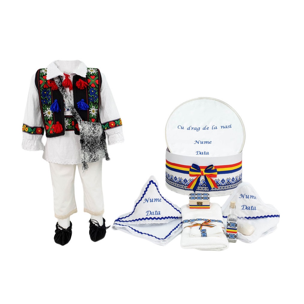 Set botez traditional personalizat Ion, doua piese multicolore, varsta 0-3 luni